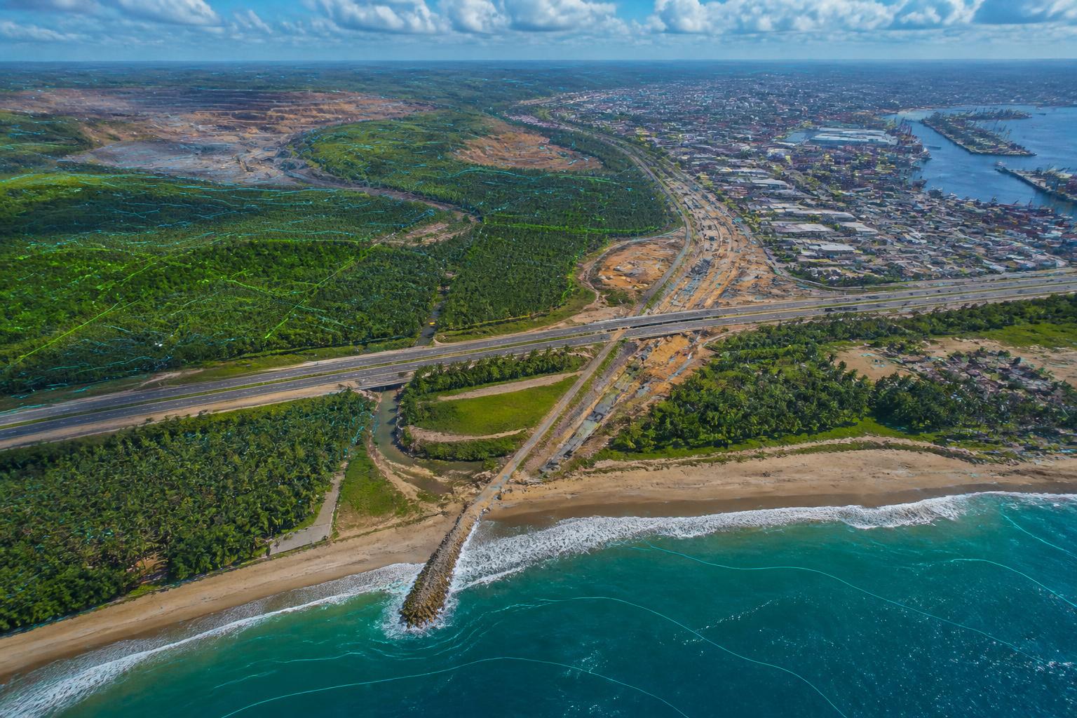 Ghanaian coast, infrastructure, farms, city and mine observed as one intelligence landscape