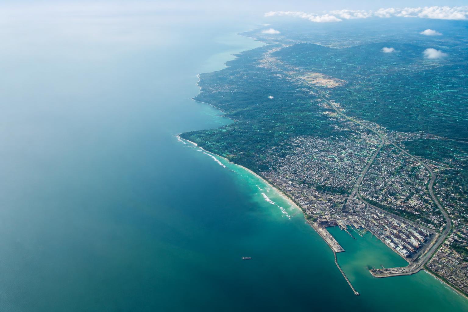 Aerial view of Ghana's coast, urban fabric and transport corridors interpreted through spatial intelligence